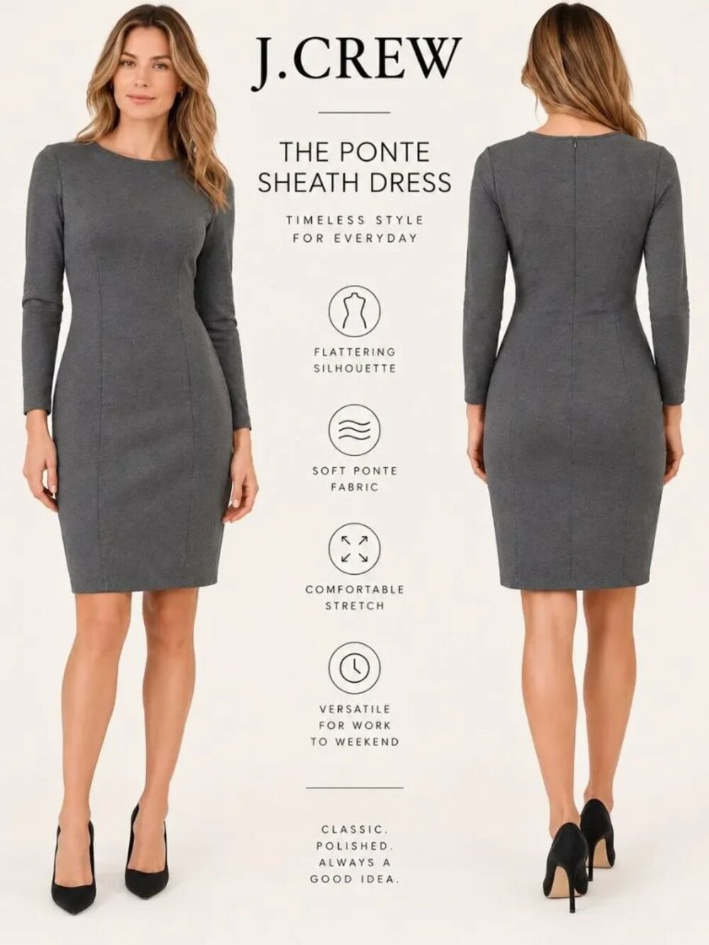 J. Crew Plus Size Gray Quiet Luxury Business Professional Sheath Ponte Dress